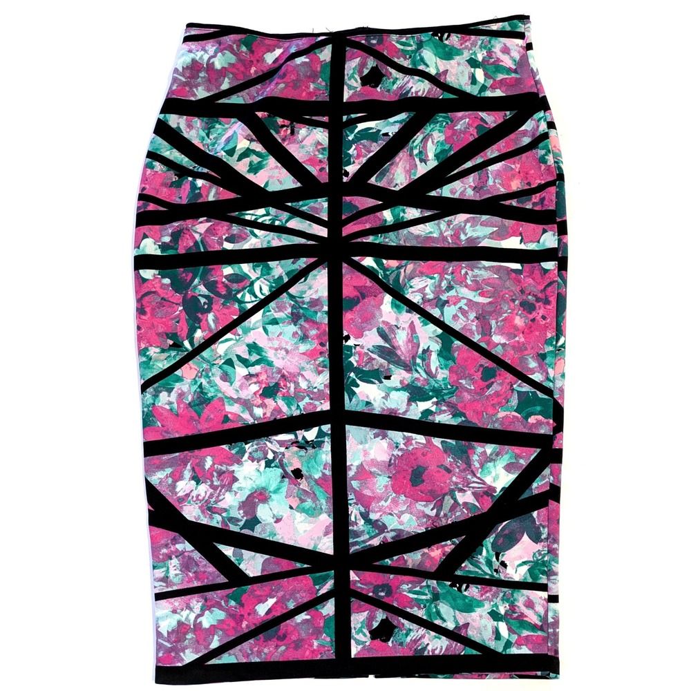 Bisou Bisou Michele Bohbot Floral Geometric Cage Pencil Skirt Pink Teal Large